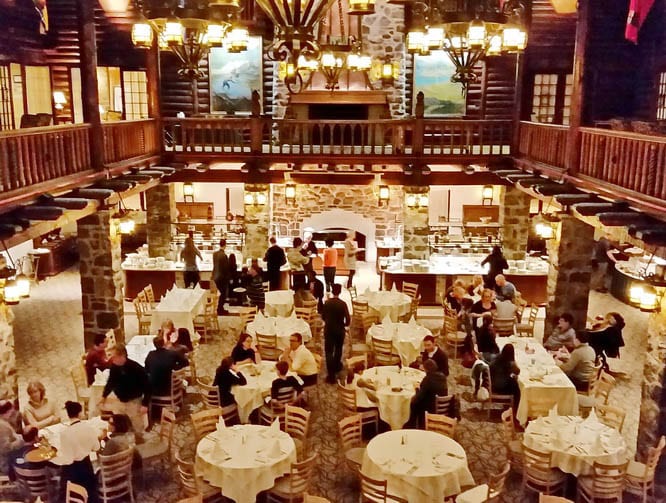 One of the grand dining rooms at the Fairmont Chateau Montebello
